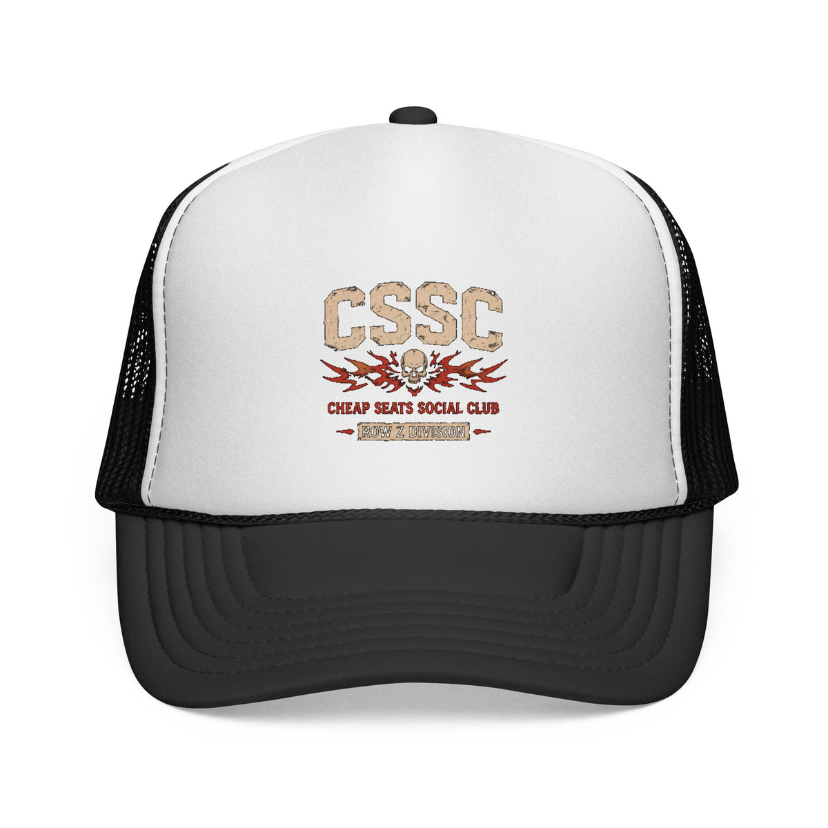 Black and white Cheap Seat Social Club trucker cap